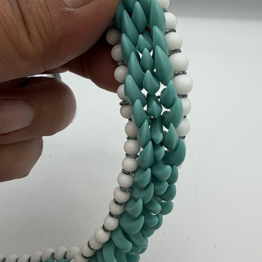 Vtg Haskell Era Turquoise Milk Glass Choker Necklace Hand Made Blue White Spiked - Picture 8 of 13